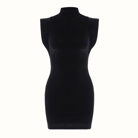 Black sleeveless dress on a white background