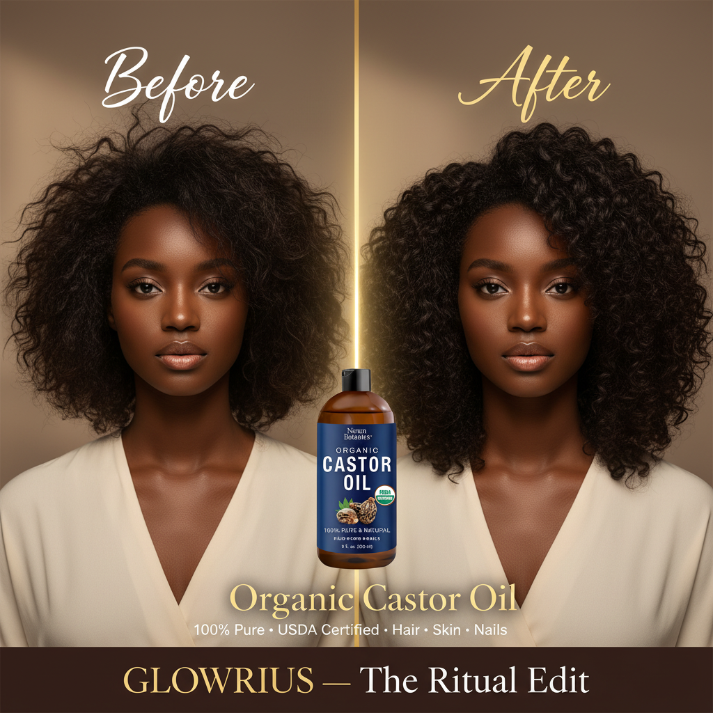 Before and after comparison of a woman using Organic Castor Oil with product packaging displayed.