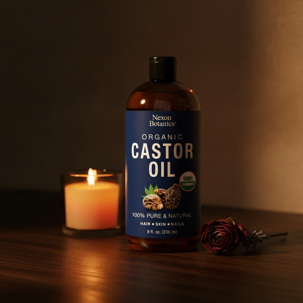 Bottle of Nexon Botanics Organic Castor Oil with a candle and rose on a wooden surface.