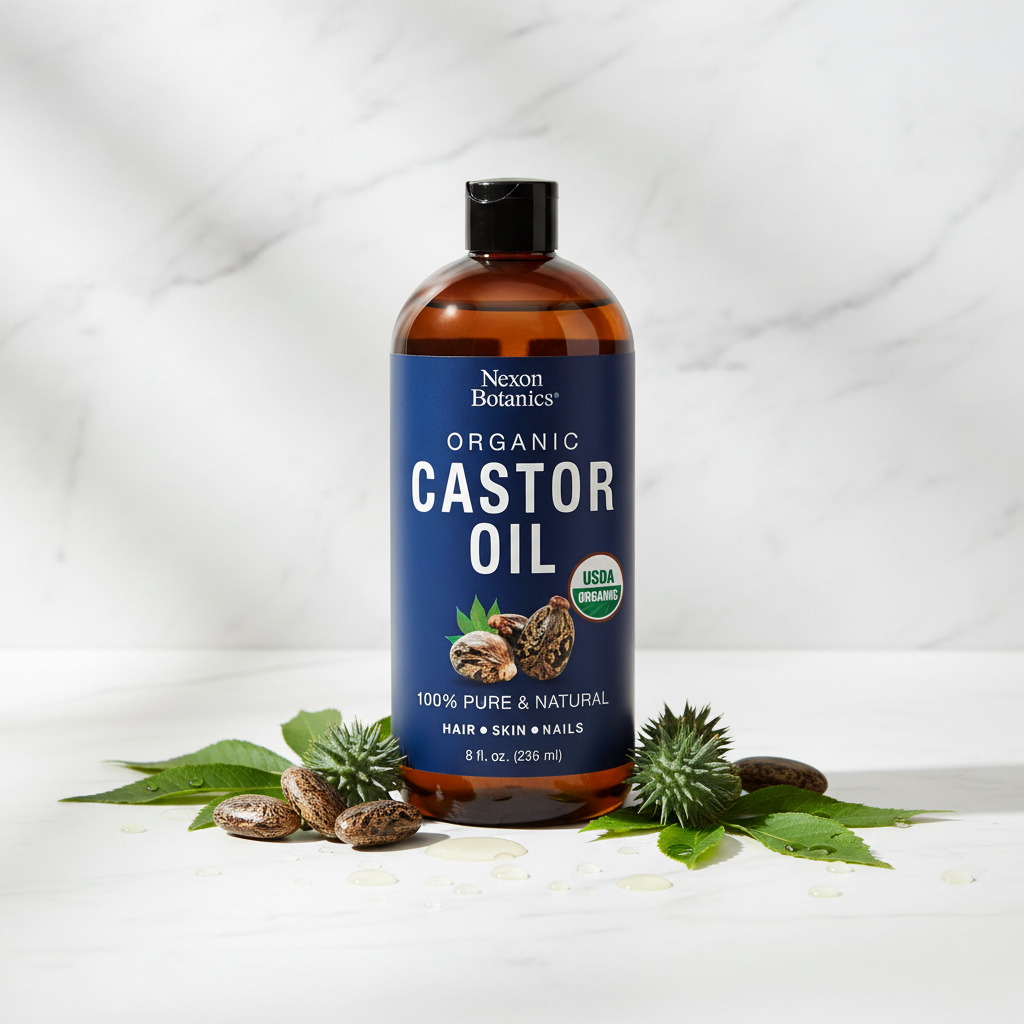 Bottle of Nexon Botanics Organic Castor Oil with leaves and seeds on a white background