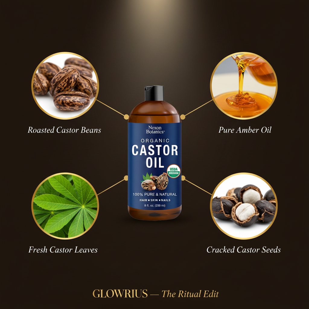 Nelson Botanics Organic Castor Oil bottle with ingredients on a dark background