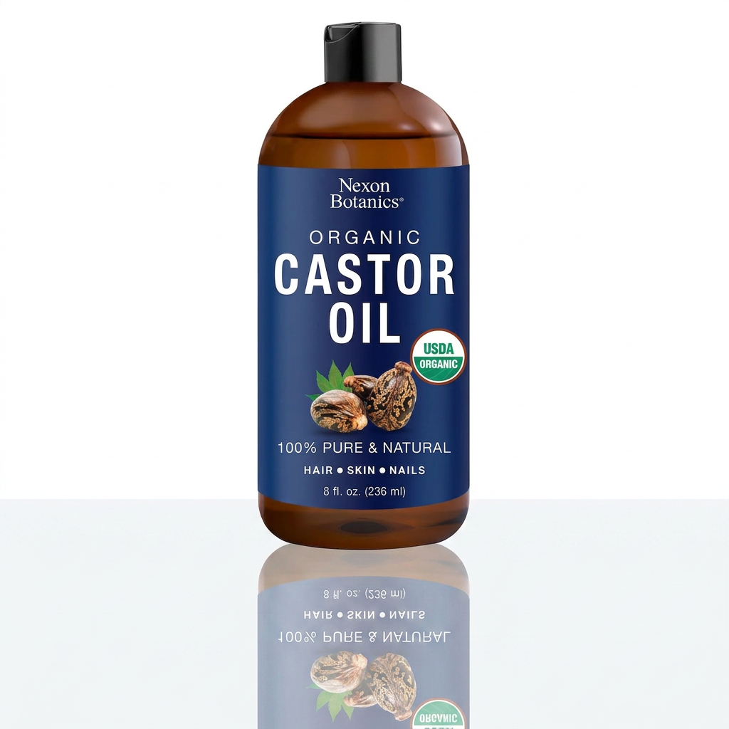Bottle of Nexon Botanics Organic Castor Oil on a white background