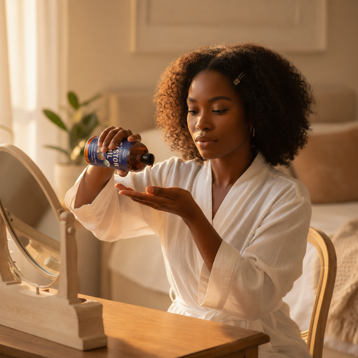 Woman in a white robe applying lotion from a bottle in a bedroom setting.